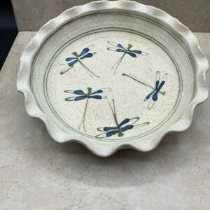 Stoneware Pottery Pie Dish Dragonfly Fluted  10” Diameter 1.5” Deep Signed